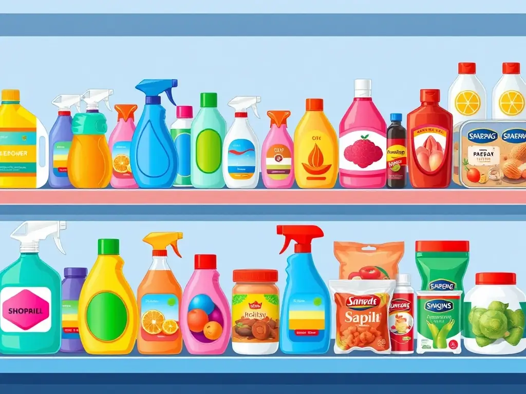 A vibrant image displaying a variety of everyday essential items such as household cleaning supplies, personal care products, and packaged foods, neatly arranged to represent the everyday essentials category offered by SilkRouteTraders.