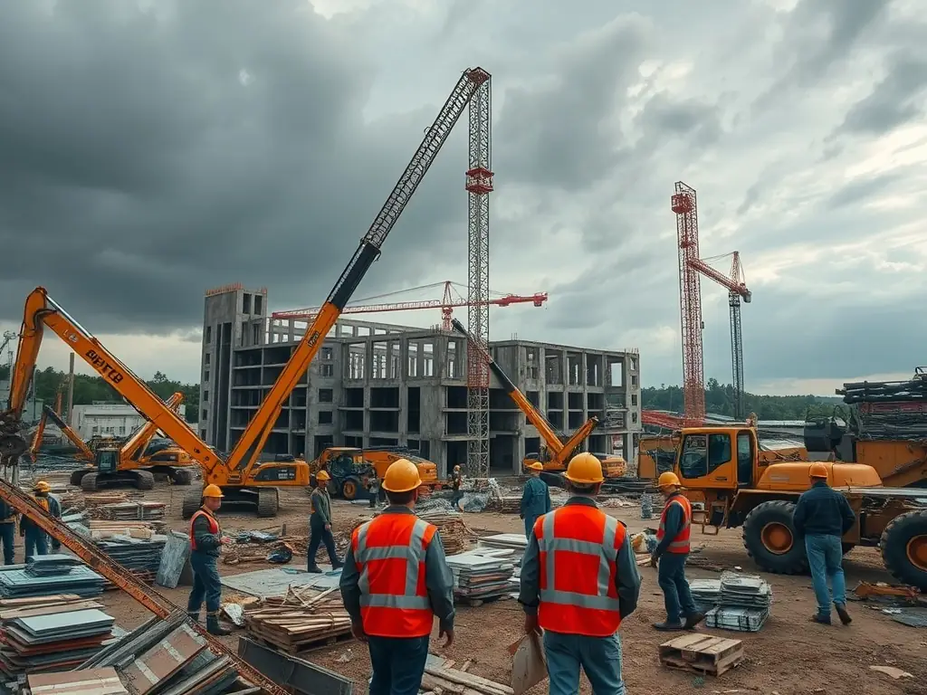 A high-angle shot of a bustling construction site in Singapore, showcasing various construction materials like steel beams, cement bags, and scaffolding, with workers in hard hats and vests.