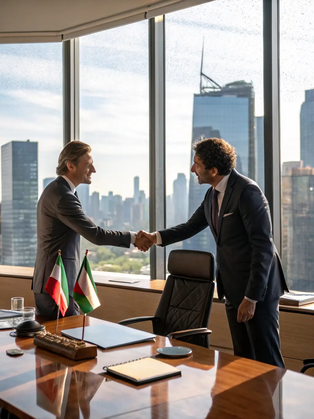 An image of a handshake between two business partners in front of a world map, symbolizing successful international partnerships.