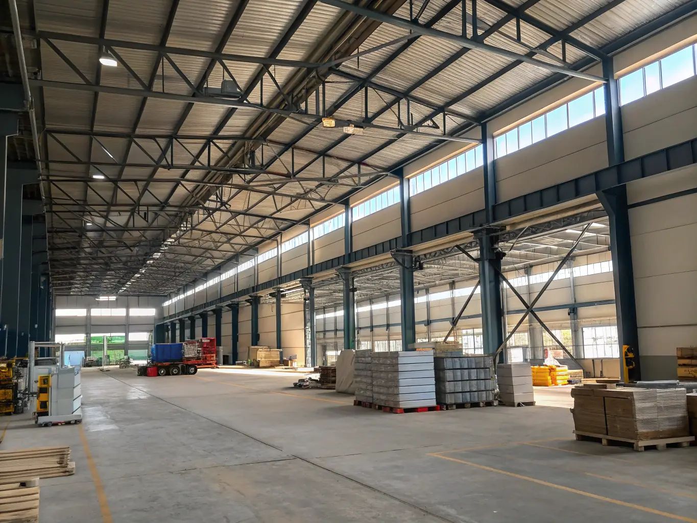 A high-quality image showcasing various construction materials such as steel beams, cement bags, and tiles, arranged in an organized manner to represent the construction materials category offered by SilkRouteTraders.