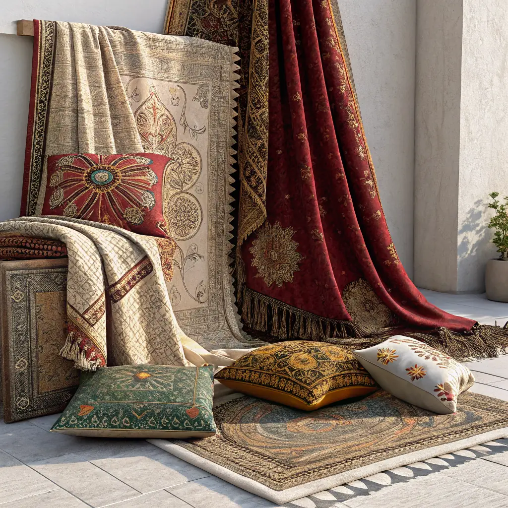 Luxurious textiles such as silk scarves, cashmere throws, and linen bedding, showcasing intricate patterns and soft textures.