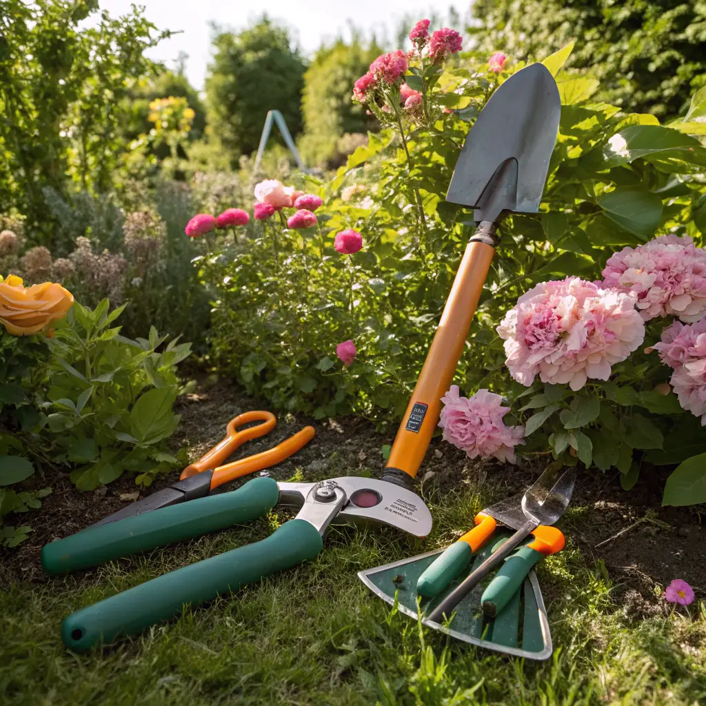 A lush garden scene with various tools such as trowels, watering cans, and pruning shears, emphasizing the joy of gardening.