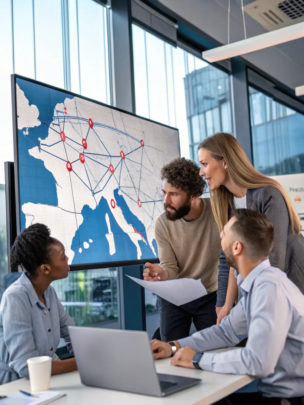 A team of consultants collaborating on supply chain optimization strategies in a global logistics center.