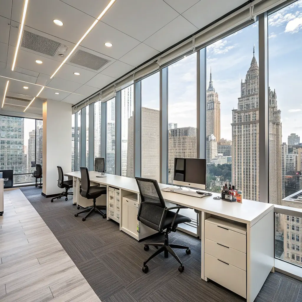 A modern office setting with ergonomic chairs, sleek desks, and organized storage solutions, highlighting functionality and style.