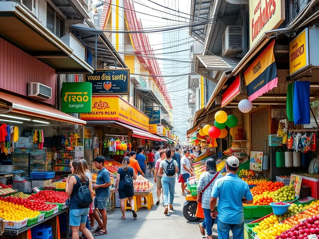 A vibrant marketplace scene in Bangkok, Thailand, filled with stalls selling various consumer goods like textiles, electronics, and handicrafts, with shoppers browsing and vendors interacting.
