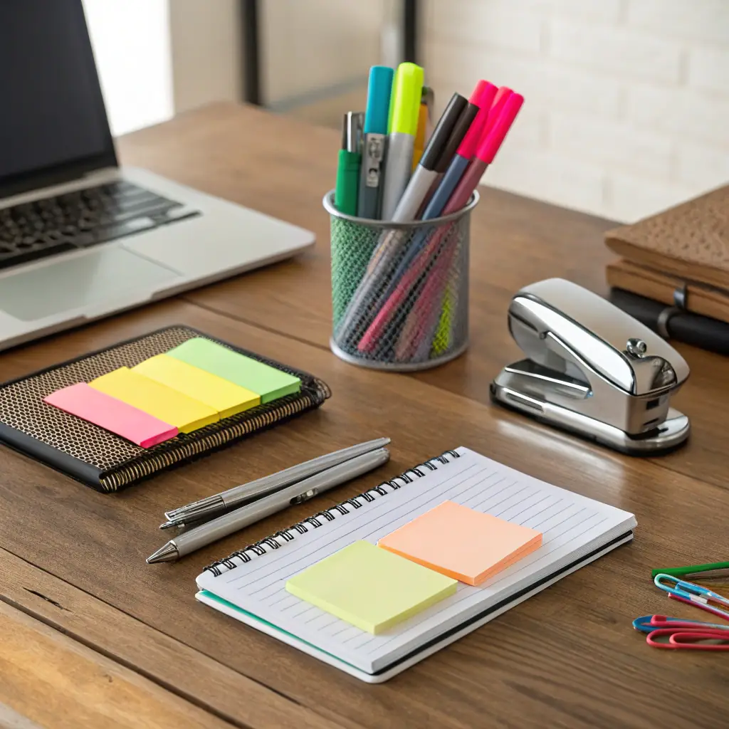 Essential work items such as laptops, notebooks, pens, and organizers, arranged neatly on a desk to represent efficiency and professionalism.