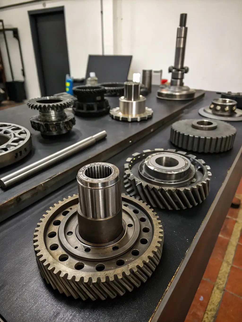 A professional image of industrial machinery parts, such as gears, bearings, and valves, laid out on a clean workbench. The focus is on the precision and quality of the components.