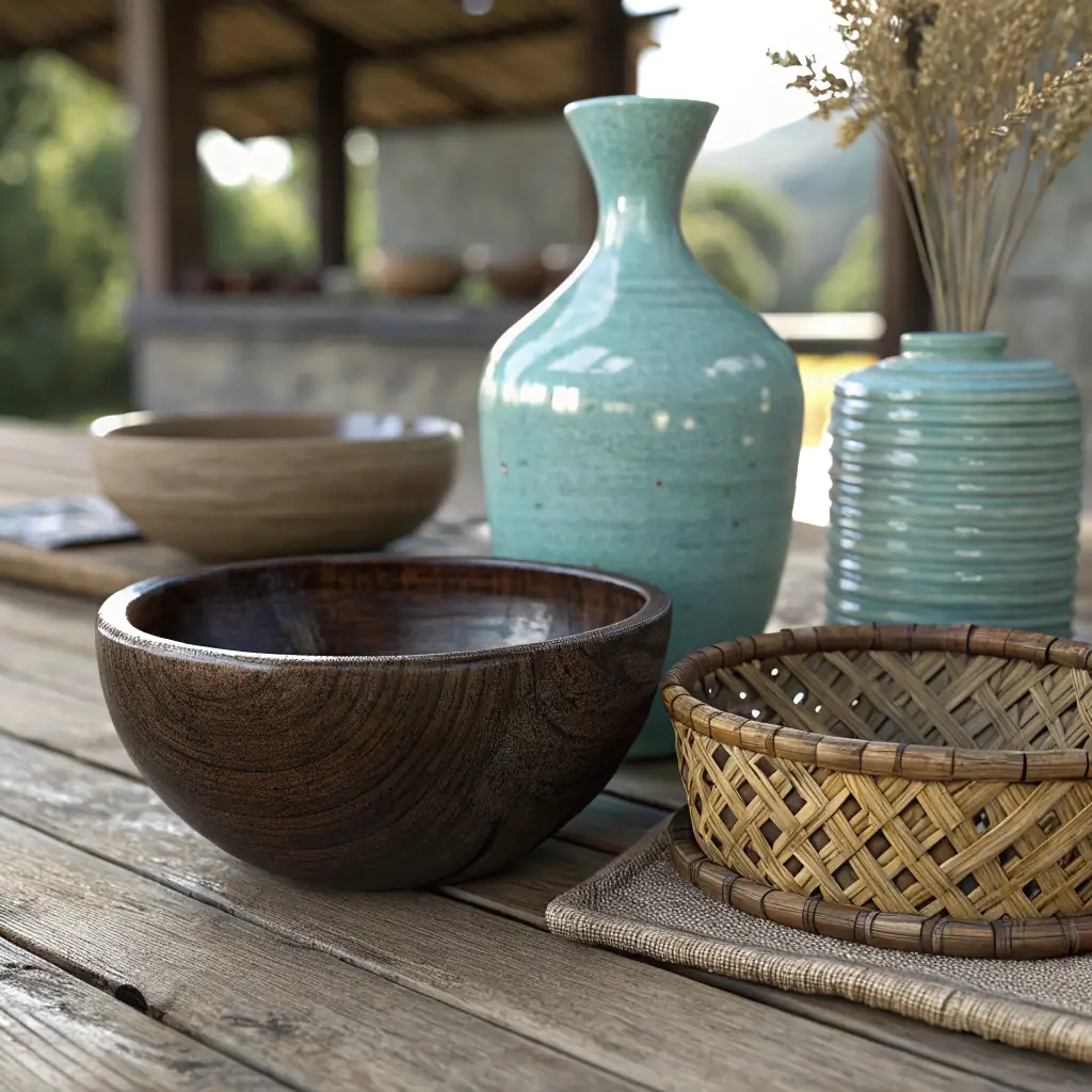 A beautifully arranged display of home decor items, including vases, picture frames, and decorative bowls, showcasing a variety of styles and materials.