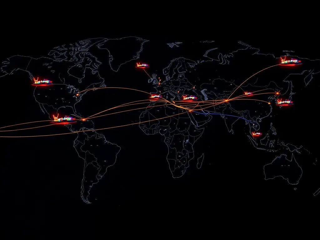 An image of a global trade network map highlighting Asian regions, with shipping containers and cargo ships moving across the ocean, symbolizing international trade and logistics.