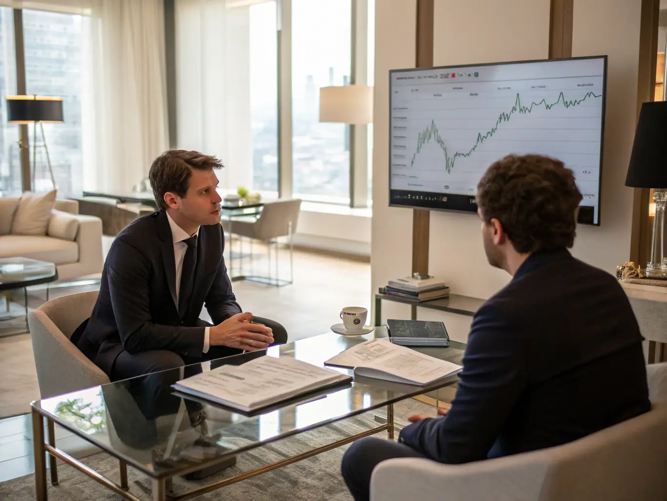 An image depicting a consultant reviewing trade documents and discussing strategies with a client in a modern office setting, symbolizing the international trade consulting services offered by SilkRouteTraders.