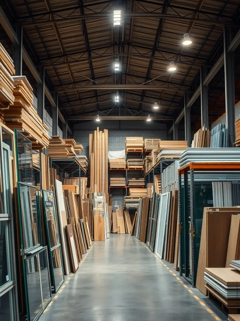 A high-quality photograph of a variety of construction materials, including steel bars, cement bags, and scaffolding, arranged neatly in a warehouse setting. The lighting is bright and professional, highlighting the quality of the materials.