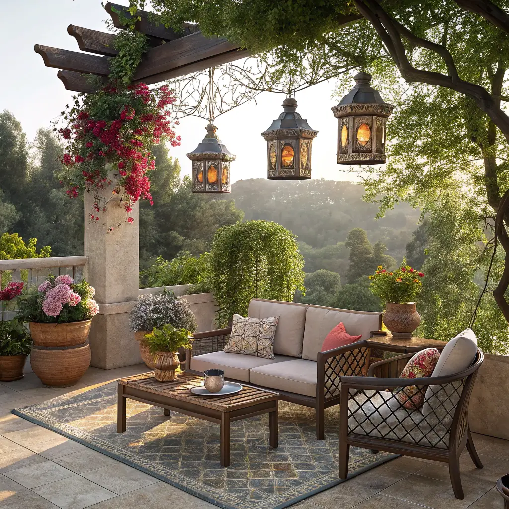 A cozy outdoor living space with comfortable furniture, ambient lighting, and lush greenery, creating a relaxing and inviting atmosphere.