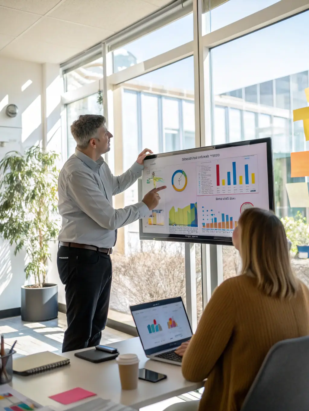 A consultant is presenting a strategic plan to a client in a modern office setting, emphasizing international trade opportunities.